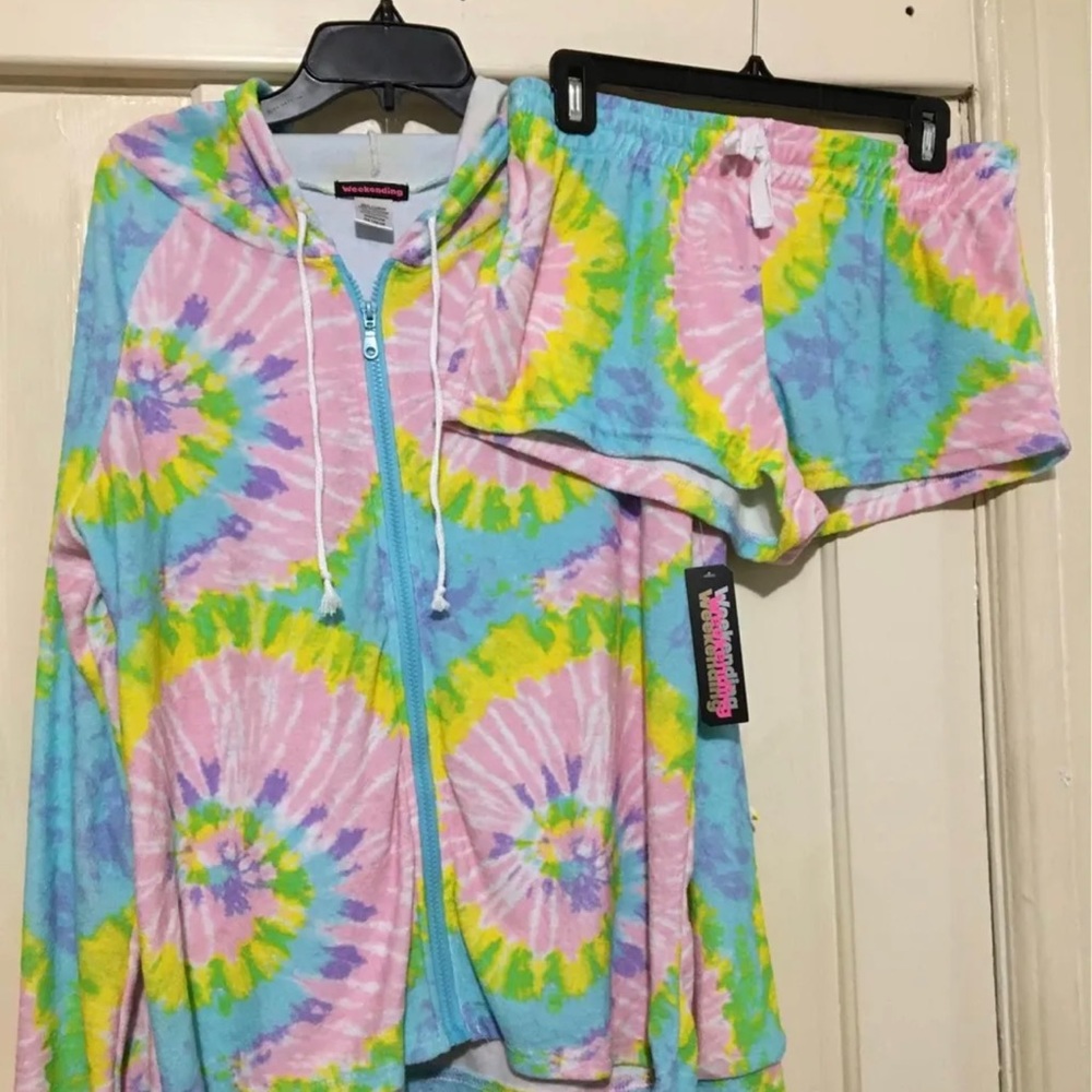 Women’s Tie-Dye Hooded Zip Jacket & Shorts Set - Pastel Multi